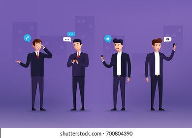 Businessman characters use different devices. 3d stylized. Vector illustration