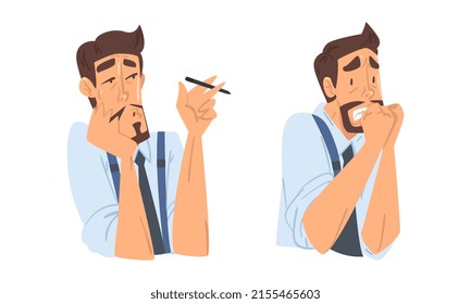 Businessman characters with various face expression. Bored and scared bearded male employee cartoon vector illustration