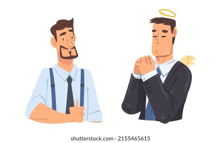 Businessman characters with various face expression. Cheerful and praying bearded male employee cartoon vector illustration