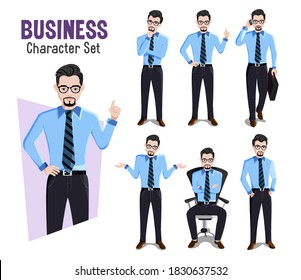 Juego de vectores de caracteres de hombre de negocios. Carácter de gerente de negocios en diferentes posiciones y gestos aislados en fondo blanco para el diseño de dibujos animados de empleados masculinos. Ilustración vectorial.  