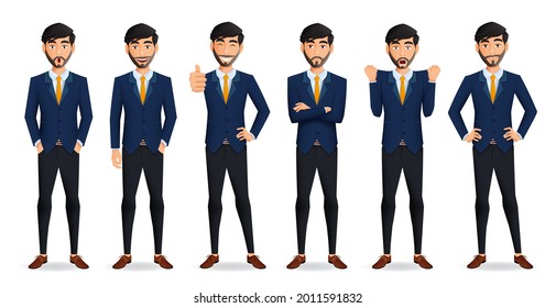 Businessman characters vector set. Business man character with happy and angry facial expressions in standing pose and gesture for male boss employee collection design. Vector illustration
