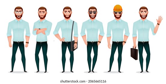 Juego de vectores de caracteres de hombre de negocios. Hombre de ventas y personaje de ingeniero con expresión facial amigable para el diseño del trabajador de recolección de empleados jefe. Ilustración vectorial.
