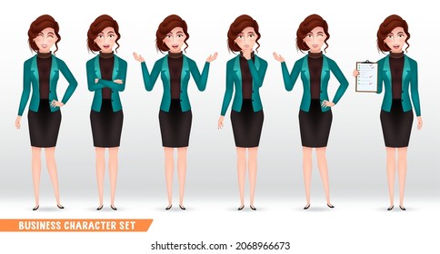 Businessman characters vector set. Business woman character in friendly expression with standing and holding pose and gesture for female employee collection design. Vector illustration.
