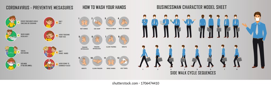 Businessman charater model sheet and walk cycle animation sequence for infographics New coorna virus Symptoms of preventive measures