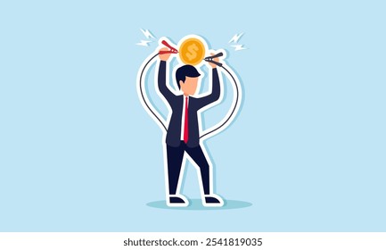 Businessman charging electricity to a dollar coin beneath him, illustration of triggering investment assets to grow and develop