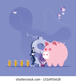 Businessman as a charmer of rats conjure money to piggy bank-Save money concept