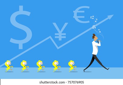 The businessman as a charmer of rats conjures money. The concept of successful financial management, game on the stock exchange. Money like zombie follow the master