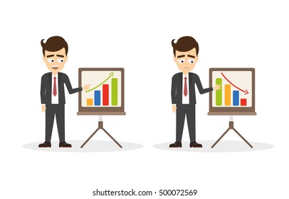 Businessman with chart board set. Businessman with successful and bad business. Isolated cartoon character with chart board and statistics.