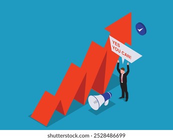 Businessman with chart graph line to goal to achieve success. Investment profit growth. leadership 3d isometric vector illustration