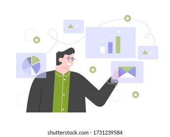 Businessman and charts. Analysis of financial statements dashboard. Marketing research. Vector flat illustration.