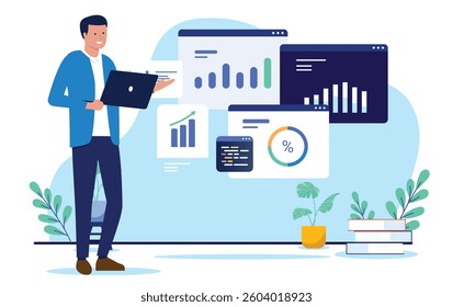 Businessman with charts and data - Man in professional clothing standing working and analysing diagrams and business financial graph results. Flat design vector illustration with white background