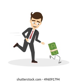 Businessman chase money. Funny cartoon character trying to chase money. Concept of finance and currency. Rat race.