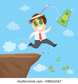 Businessman chase money trap walks off a cliff, vector illustration cartoon