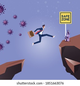 Businessman chased by coronavirus and jumping through the gap toward safe zone