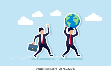 A businessman chases another businessman carrying a globe, illustration of observing and analyzing global business trends