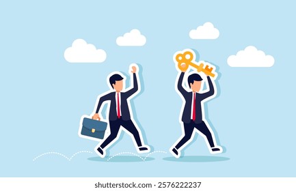 A businessman chases another businessman carrying a key, illustration of seeking solutions through consultation with a business partner