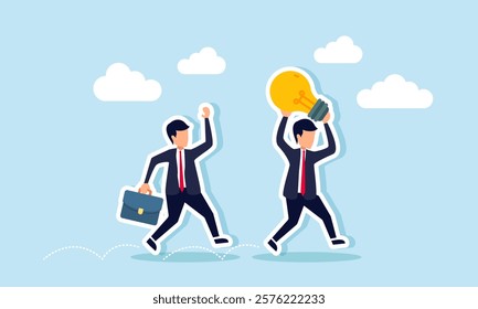 A businessman chases another businessman carrying a lamp, illustration of seeking business ideas and innovations through consultation with a business partner