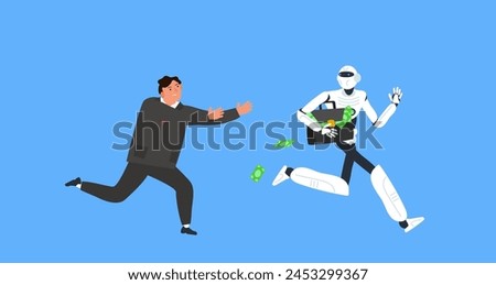 businessman chases a robot thief stealing briefcase  with money vector illustration