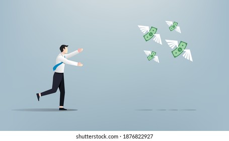 Businessman chasing after flying money vector illustration.