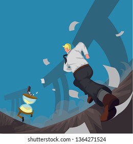Businessman chasing against time. Vector illustration.