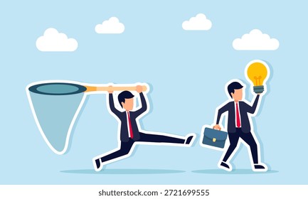 Hombre de negocios persiguiendo a otro hombre de negocios con una red para capturar una ilustración brillante de robar ideas de negocios e innovación de los competidores