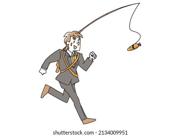  A businessman chasing a carrot in front of him, a comical handwritten person, a vector, and simple coloring of line drawings.
