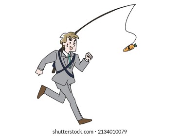  A businessman chasing a carrot in front of him, a comical handwritten person, a vector, and simple coloring of line drawings.
