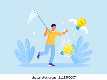 Businessman chasing and catch flying light bulb with butterfly net. Capture new business ideas, search for innovation or creativity, brainstorm or invent new project. Motivated employee seek solution 