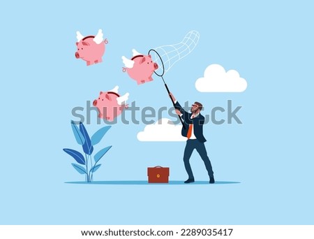 Businessman chasing to catch flying pink piggy bank. Modern vector illustration in flat style