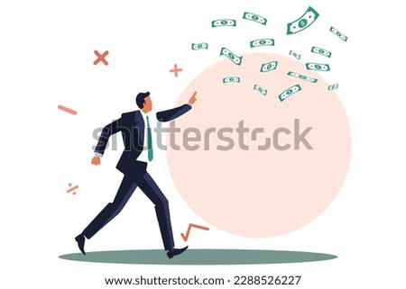 Businessman chasing to catch the loss flying money. Business and investment concept. Flat design character theme. Vector illustration