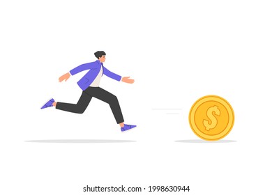 Businessman chasing a coin. Concept of a profitable investment, the pursuit of financial gain, the search for high-yield assets, speculation and trading in the stock market. Vector illustration