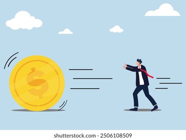 businessman chasing coin. Chasing money, investor businessman running after dollar currency coins. vector illustration.