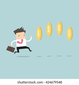 Businessman chasing coins video game style. Vector 