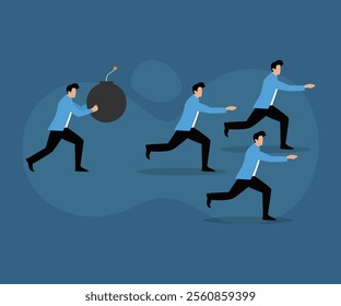 Businessman Chasing Explosive Bomb Symbolizing Financial Crisis or Urgency 2d flat vector illustrations