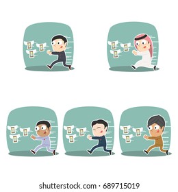businessman chasing flying hourglass different race set