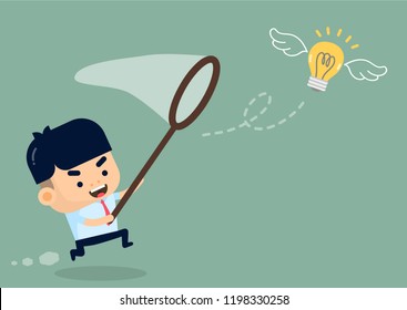 Businessman Chasing Flying Light Bulb. Inspiration Concept. Business Concept Illustration. 