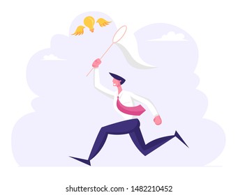 Businessman Chasing Flying Light Bulb Trying to Catch it with Butterfly Net. Business Man Searching Inspiration Creative Idea, Financial Success Opportunity Wealth. Cartoon Flat Vector Illustration