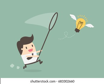 Businessman Chasing Flying Light Bulb. Inspiration Concept. Business Concept Illustration. 