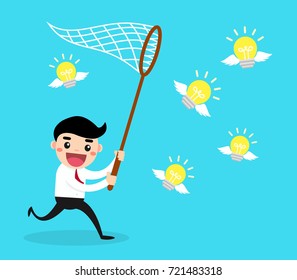 Businessman chasing flying light bulb.Business concept vector illustration.
