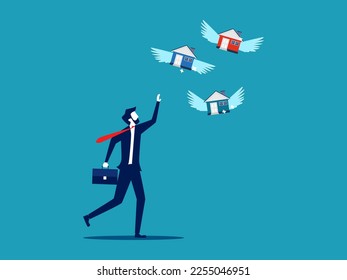 businessman chasing a house that can fly. Lose home or property. business concept 