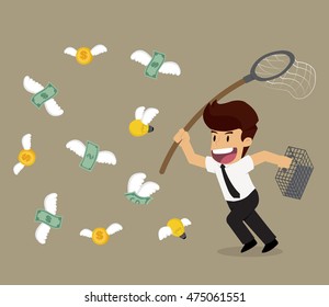 businessman chasing money bulb bank flying. vector
