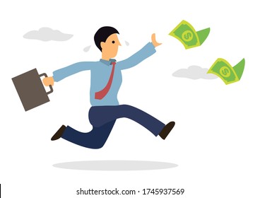 Businessman chasing money flying in the air. Cartoon character isolated on white background. Vector illustration