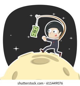 businessman is chasing money on moon