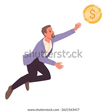 Businessman chasing money, success in finance and career, corporate competition. Young man in suit jumping high to reach flying gold dollar coin, catch profit or bonus cartoon vector illustration