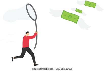 Empresário perseguindo o dinheiro que está voando, Vetor ilustração designvetor, negócio, infográfico, ilustração, marketing, finanças, sucesso, corrida, liderança, investimento, estratégia, crescimento, mas