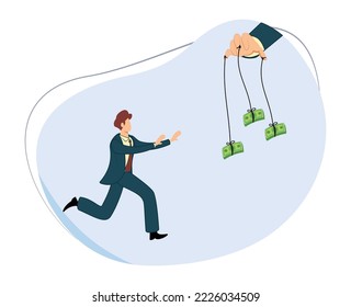 businessman chasing money thread controlled by hand behind the scenes. flat design vector illustration 