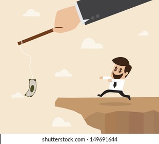 Businessman chasing money trap to the edge of cliff