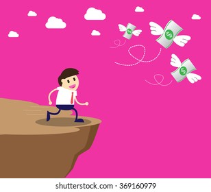 Businessman chasing money trap to the edge of cliff, man chasing money, runs after flying dollar bills