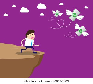 Businessman chasing money trap to the edge of cliff, man chasing money, runs after flying dollar bills