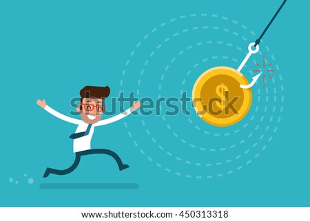 Businessman chasing money trap, flat style cartoon.